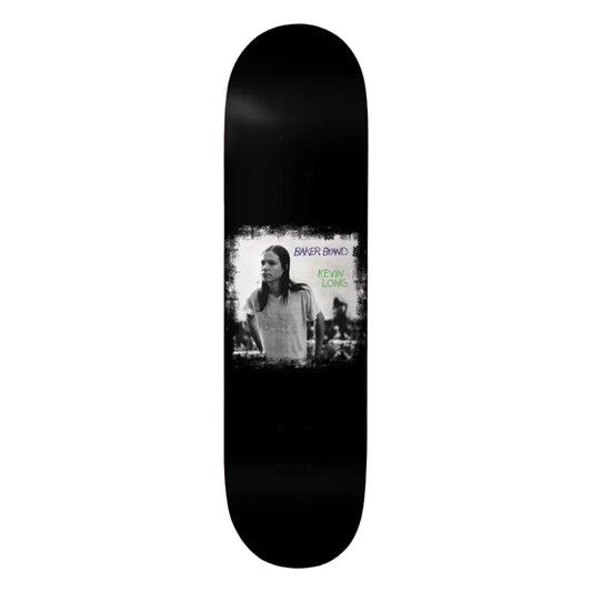 Skateboard deck with a black and white photo of a person on a white background