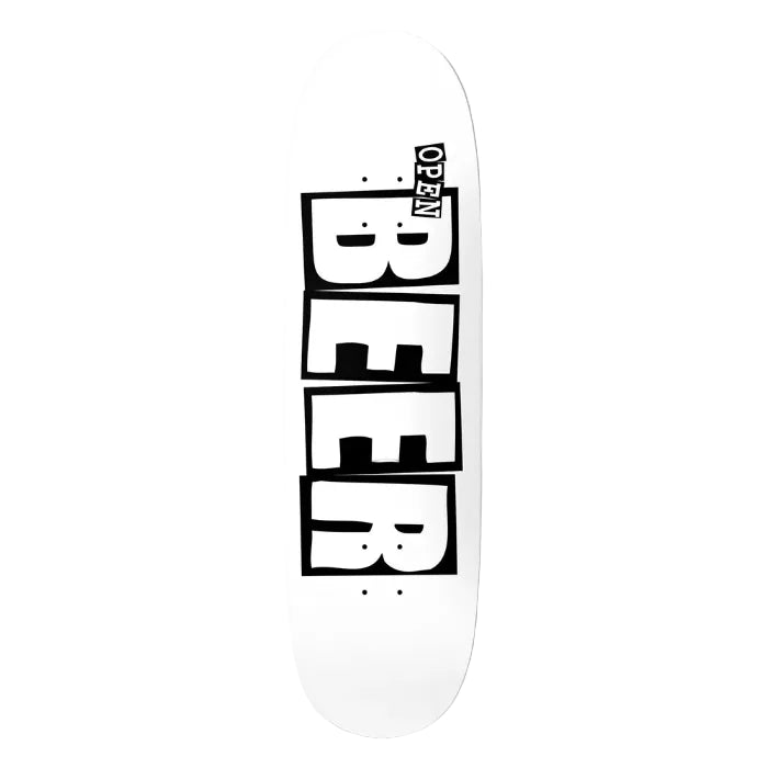 Skateboard deck with 'OPEN BEER' text on a white background