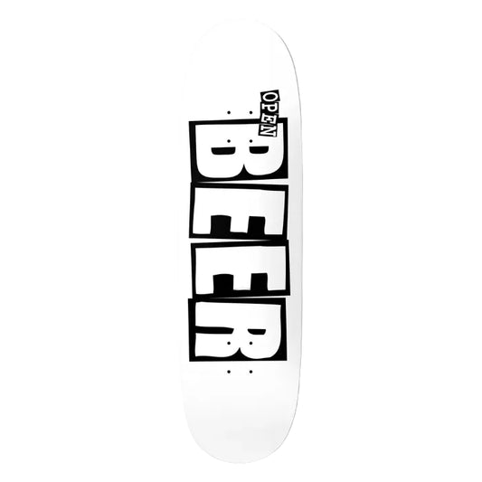 Skateboard deck with 'OPEN BEER' text on a white background