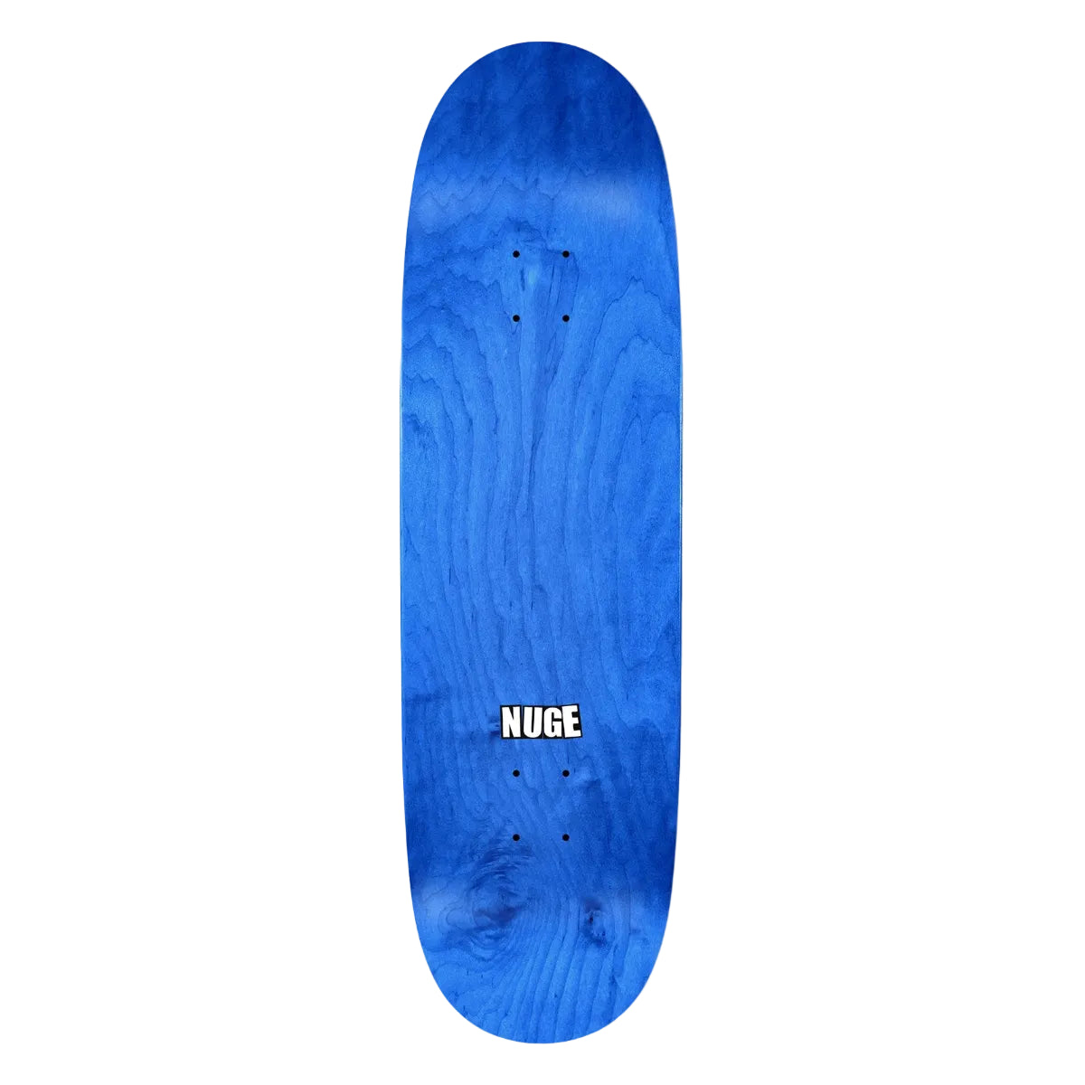 Blue skateboard deck with 'Nuge' branding on a white background