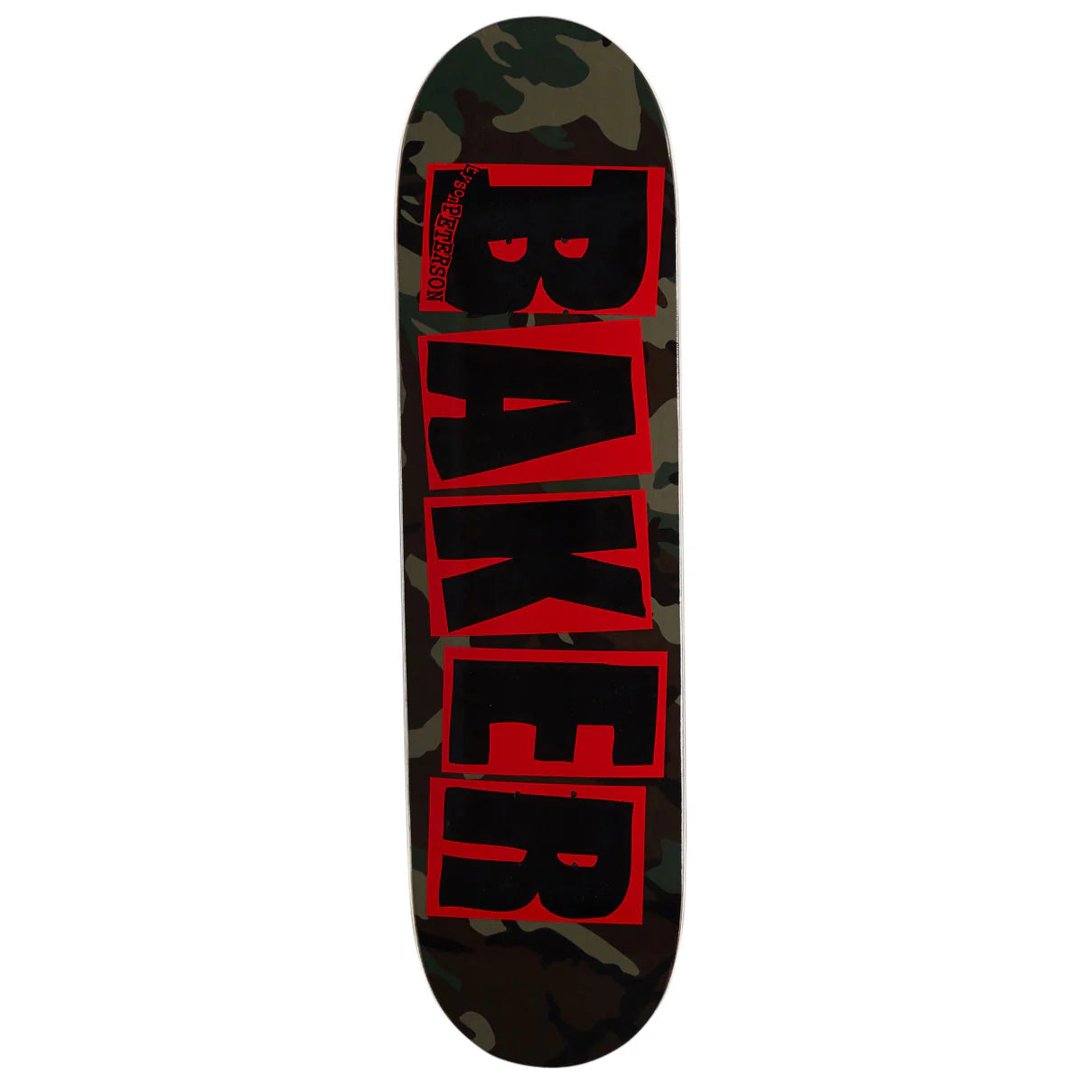 A skateboard deck featuring a dark camouflage pattern with large black letters outlined in red spelling 'BAKER' vertically, and a small red 'Skateboard Shop' logo near the top.