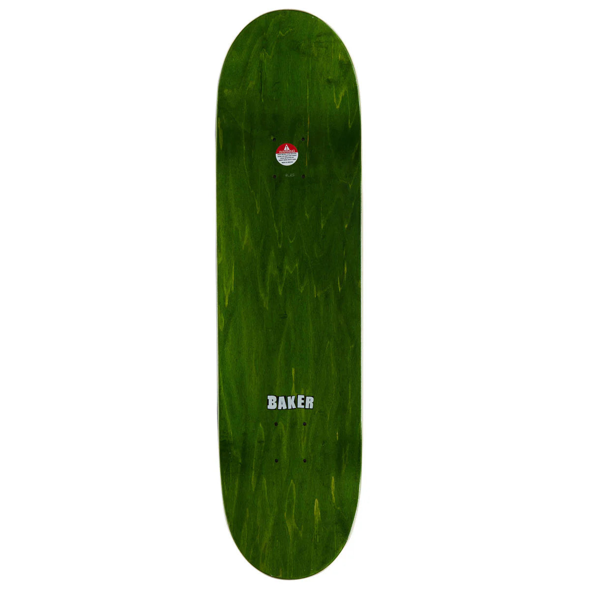 A green wood skateboard deck with a natural grain pattern, featuring a small red and white logo near the top and the brand name 'BAKER' printed in white near the bottom, shown against a plain white background.