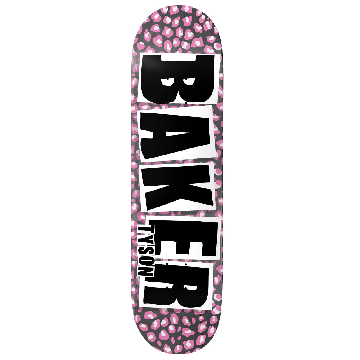 Skateboard deck with pink leopard print pattern and 'Baker' branding on a white background