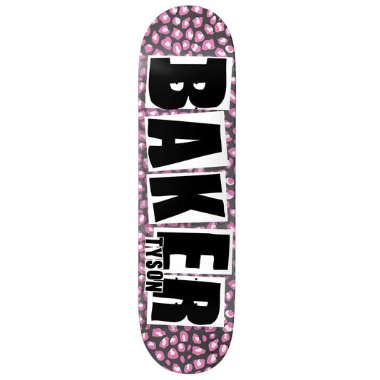 Skateboard deck with pink leopard print pattern and 'Baker' branding on a white background