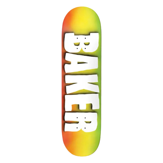 Skateboard deck with 'Baker' logo in white on a multicolored background