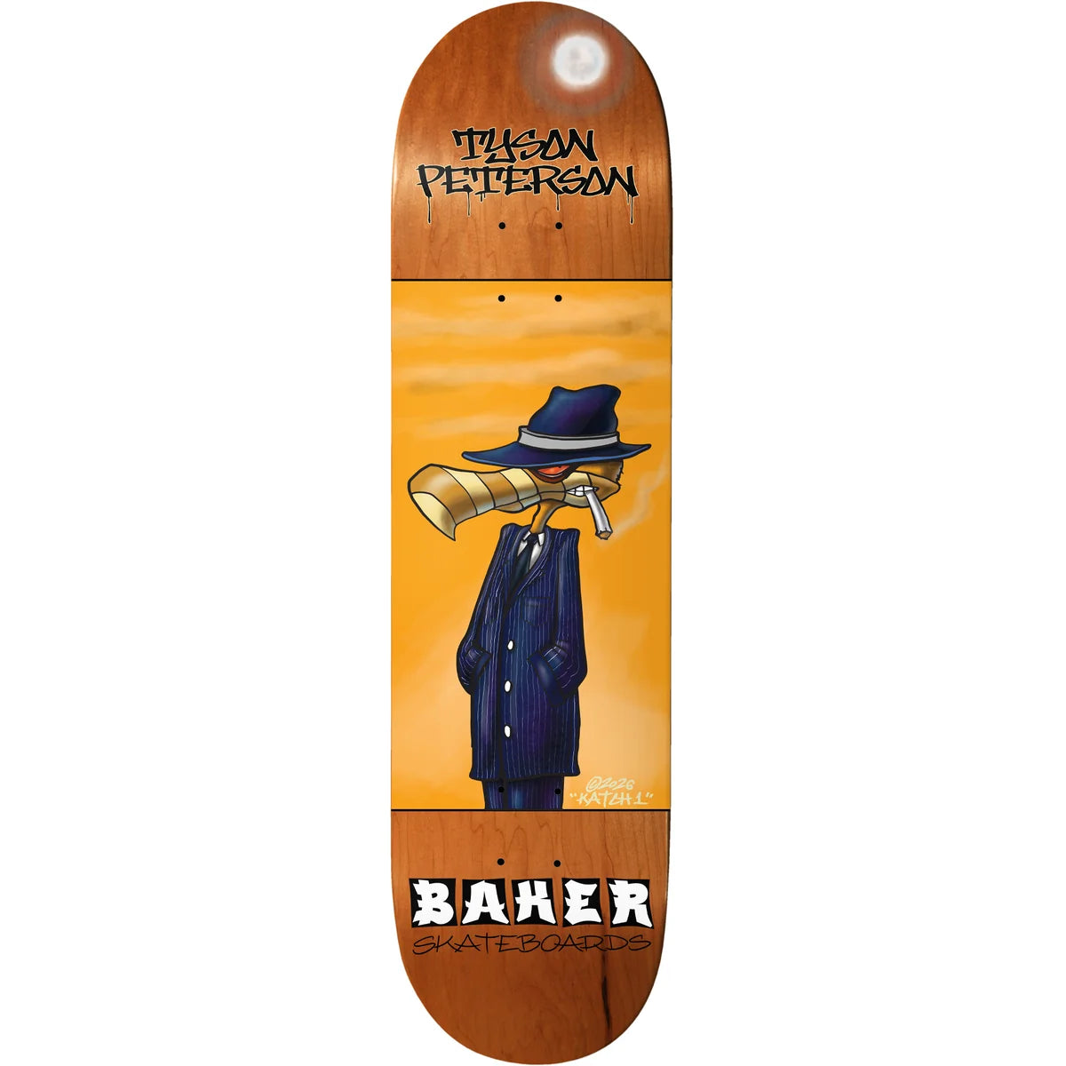 A skateboard deck shown vertically against a white background, featuring a wood-grain brown top and bottom with a yellow-orange graphic in the center of a cartoon figure in a navy suit and hat smoking a gold horn.