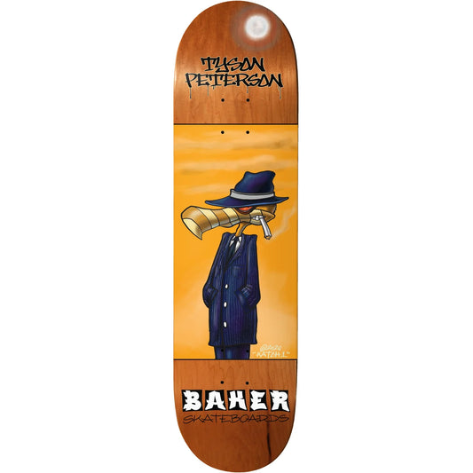 A skateboard deck shown vertically against a white background, featuring a wood-grain brown top and bottom with a yellow-orange graphic in the center of a cartoon figure in a navy suit and hat smoking a gold horn.