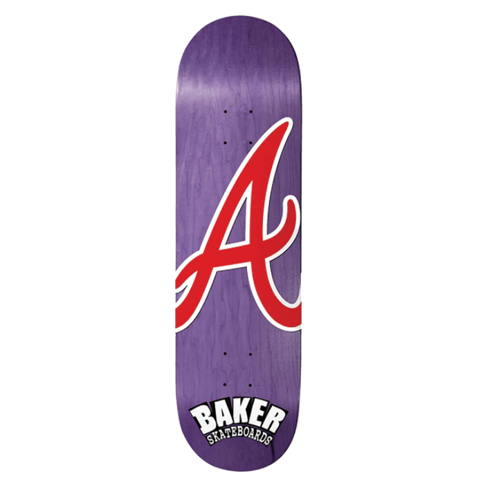 Purple skateboard deck with a red and white logo on a white background