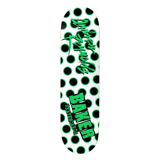 Skateboard deck with green and black polka dot pattern and Baker branding on a white background