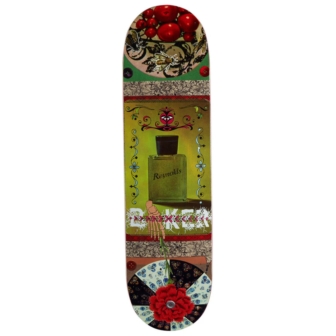 A skateboard deck featuring a highly detailed, colorful collage design with a perfume bottle, red flowers, patterned fabrics, and the brand name 'Blink' in stylized text.
