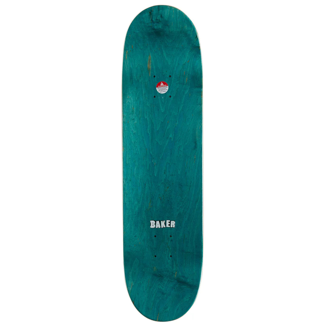 A teal green wooden skateboard deck with visible wood grain, featuring a small red and white logo near the top and the brand name 'BAKER' printed in white near the bottom, shown against a plain white background.