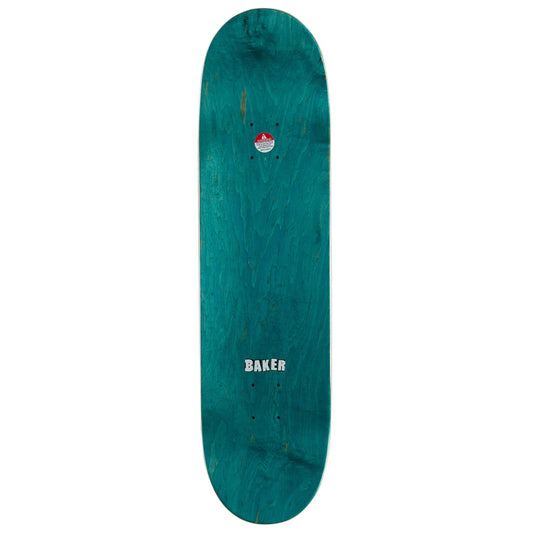 A teal green wooden skateboard deck with visible wood grain, featuring a small red and white logo near the top and the brand name 'BAKER' printed in white near the bottom, shown against a plain white background.