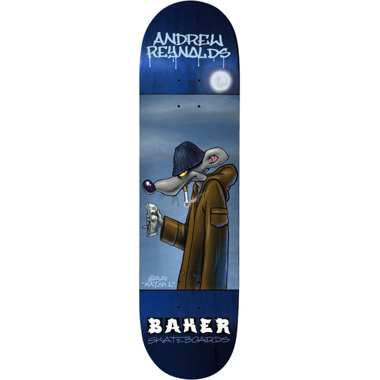 A skateboard deck graphic featuring a stylized cartoon wolf in a brown trench coat and hat against a blue-gray background, with 'ANDREW REYNOLDS' at the top and 'BAKER SKATEBOARDS' at the bottom.