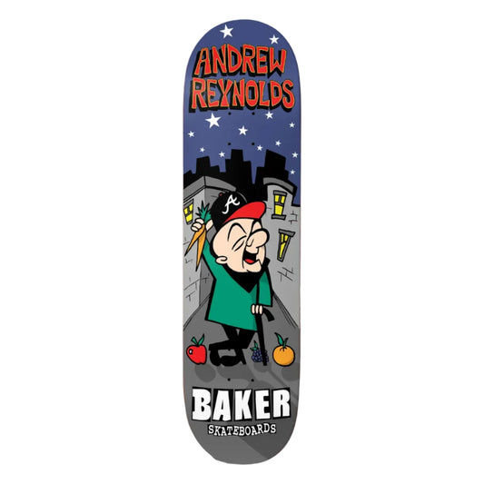 Skateboard deck with cartoon character and 'Andrew Reynolds' branding on a gray background