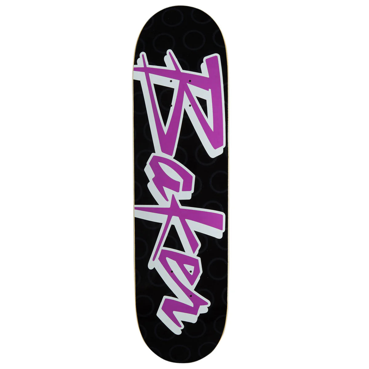 A skateboard deck featuring a black background with a large purple and white graffiti-style graphic spelling 'Boken' vertically.