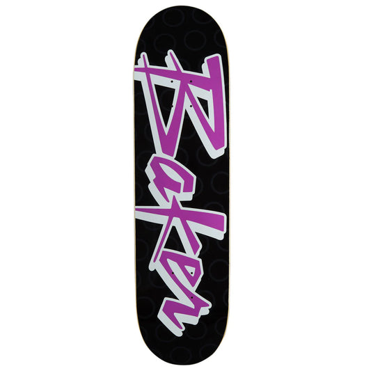 A skateboard deck featuring a black background with a large purple and white graffiti-style graphic spelling 'Boken' vertically.