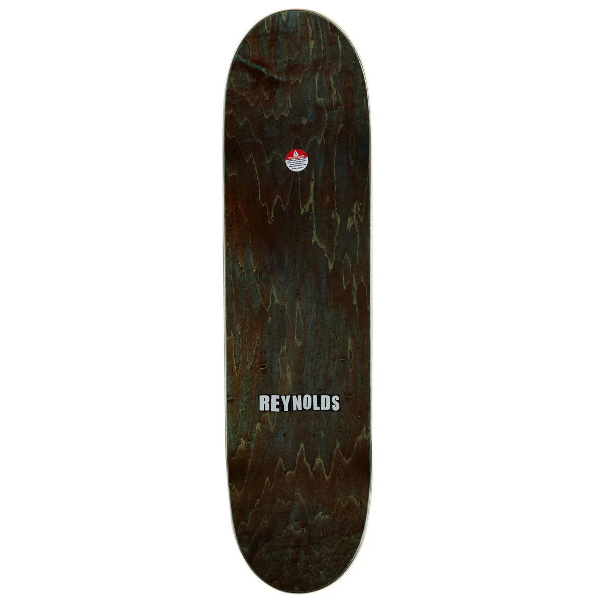 A Reynolds skateboard deck with a dark brown and black wood grain finish, featuring a small red and white logo near the top and the brand name 'REYNOLDS' printed in white near the bottom.