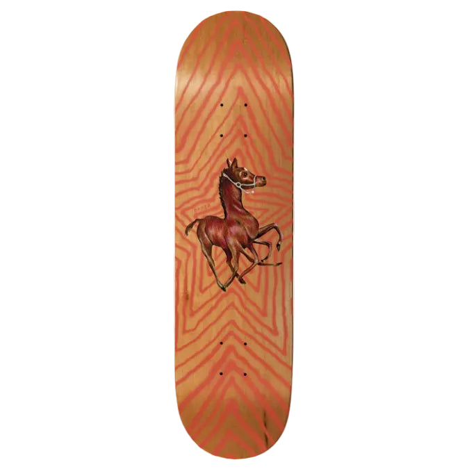 Skateboard deck with a horse design on an orange and brown striped background