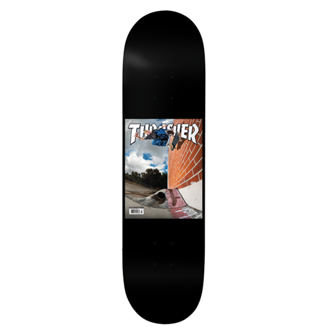 Black skateboard deck with a printed design on a white background