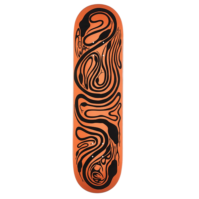 Skateboard deck with black and orange abstract design on a white background