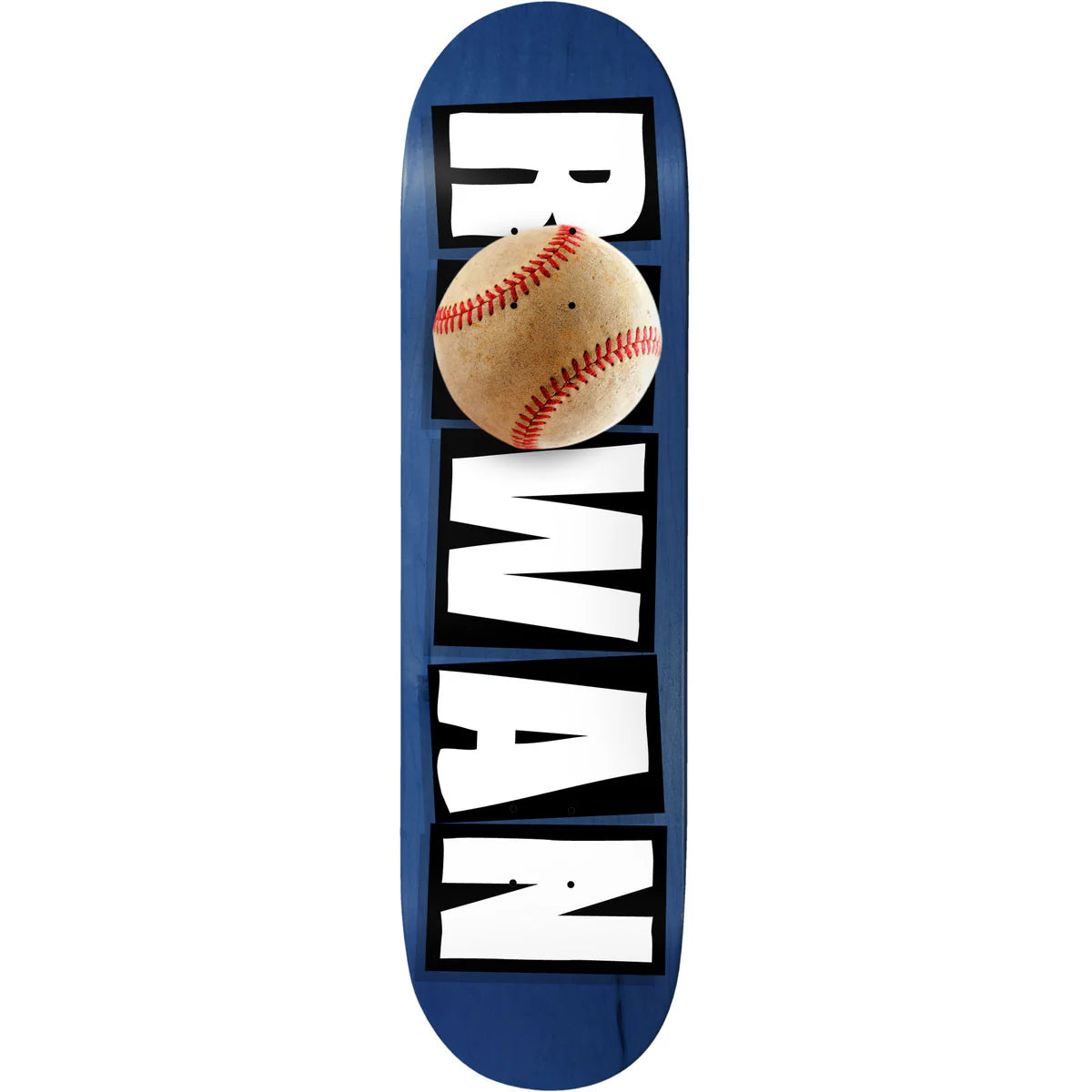 Skateboard deck with a baseball and 'Rowan name on a blue background