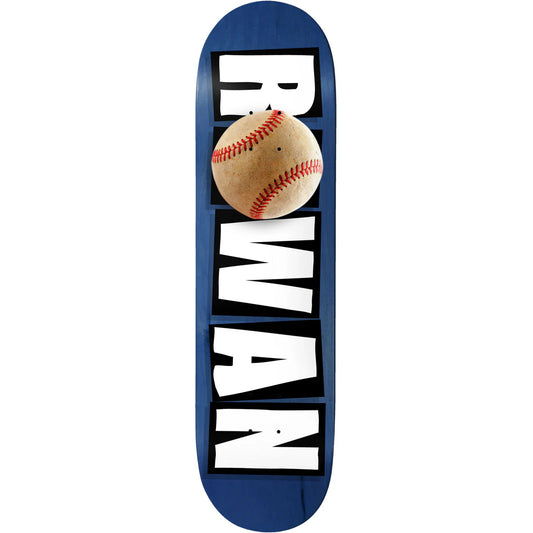 Skateboard deck with a baseball and 'Rowan name on a blue background