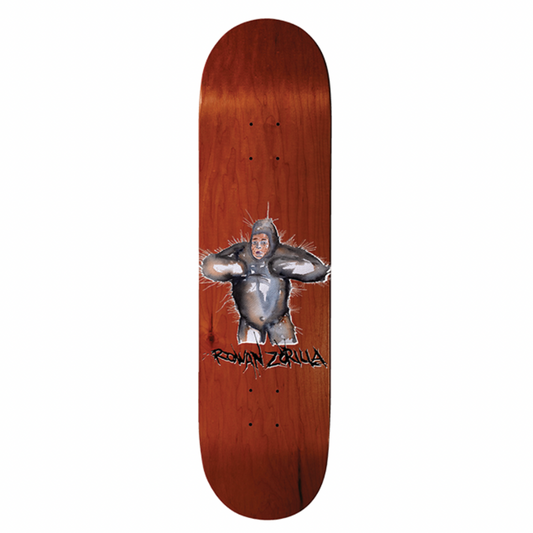 Wooden skateboard deck with a graphic of a gorilla on a white background