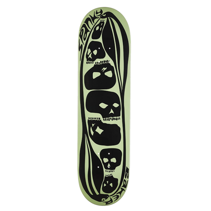 Skateboard deck with black skull designs on a white background