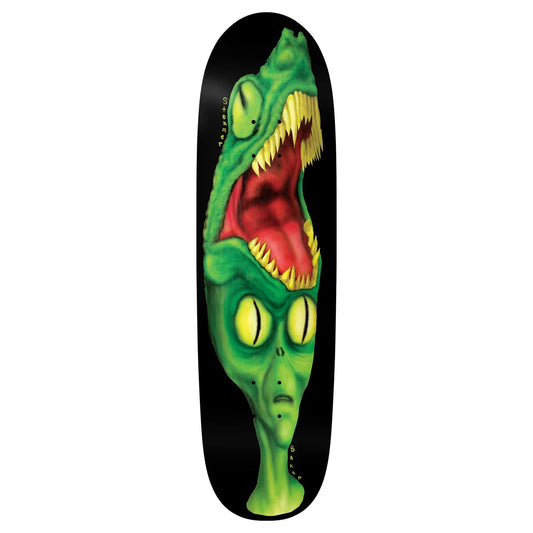 A skateboard deck with a black background and a graphic of a green alien head with an open mouth revealing a red interior, set against a plain white background.