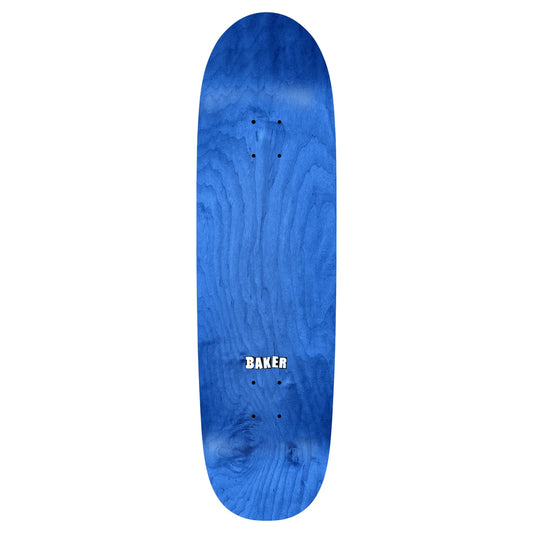 A blue skateboard deck with a prominent wood grain pattern and the white 'BAKER' brand logo near the bottom center, shown against a plain white background.