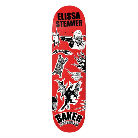 Skateboard deck with graphics and text on a red background