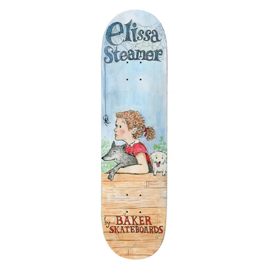Skateboard deck with a design of a girl holding a dog and cat, and 'Elissa Steamer' and 'Baker Skateboards' branding.