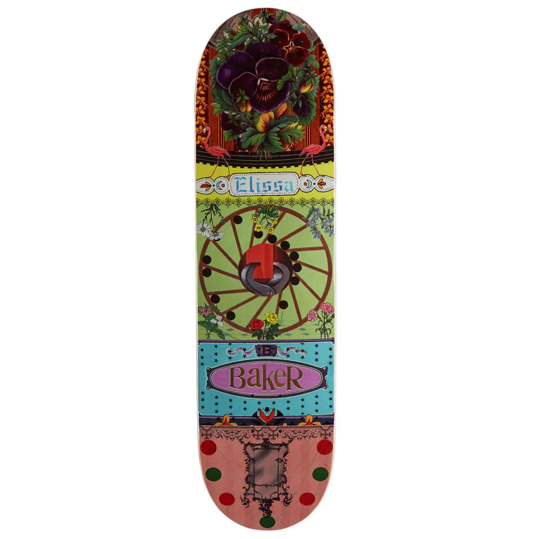 A decorative skateboard deck shown vertically against a plain white background. The deck features a highly detailed, colorful retro illustration with floral motifs, a Ferris wheel graphic, and the text 'Elissa' and 'Baker'.