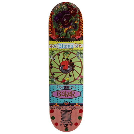 A decorative skateboard deck shown vertically against a plain white background. The deck features a highly detailed, colorful retro illustration with floral motifs, a Ferris wheel graphic, and the text 'Elissa' and 'Baker'.