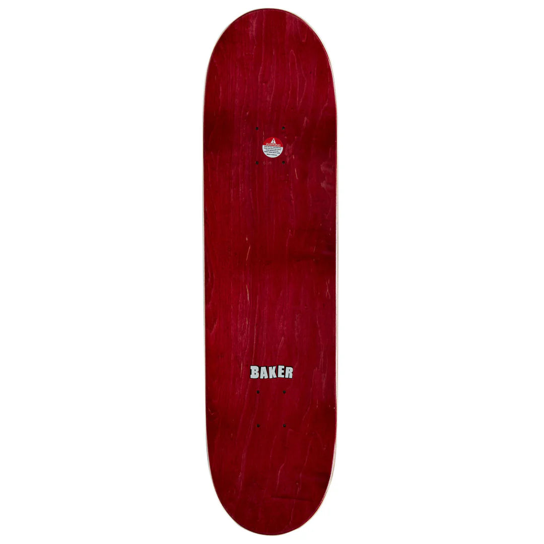 A red wooden skateboard deck with visible wood grain texture, featuring a small circular logo near the front and the word 'BAKER' printed in white near the rear, shown against a plain white background.