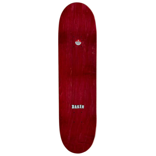 A red wooden skateboard deck with visible wood grain texture, featuring a small circular logo near the front and the word 'BAKER' printed in white near the rear, shown against a plain white background.