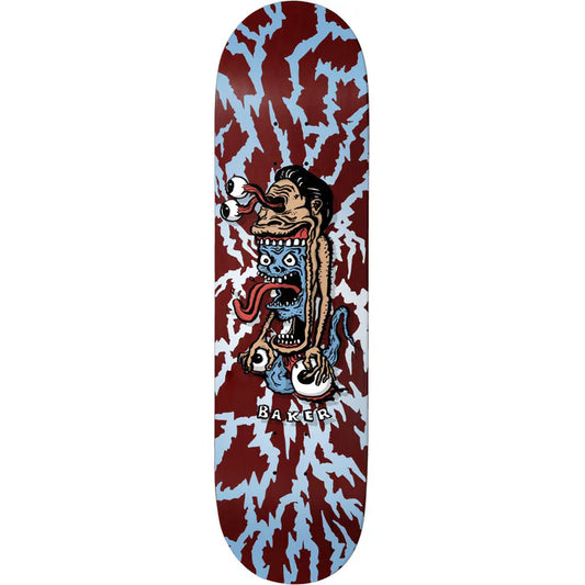 Skateboard deck with a colorful graphic design on a white background