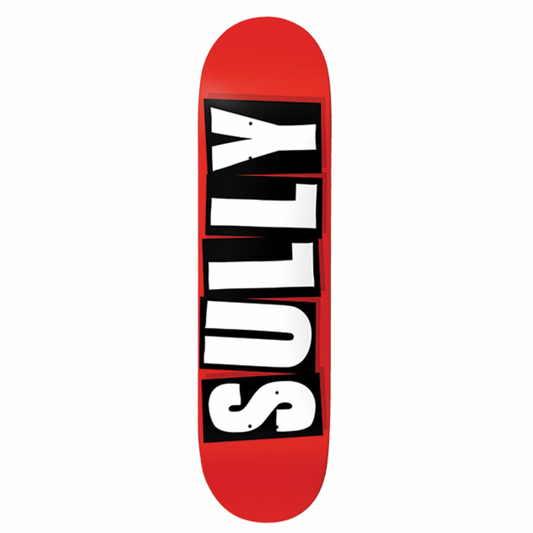 Skateboard deck with 'Suly' branding on a red background