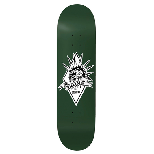 Green skateboard deck with a white graphic design on a white background