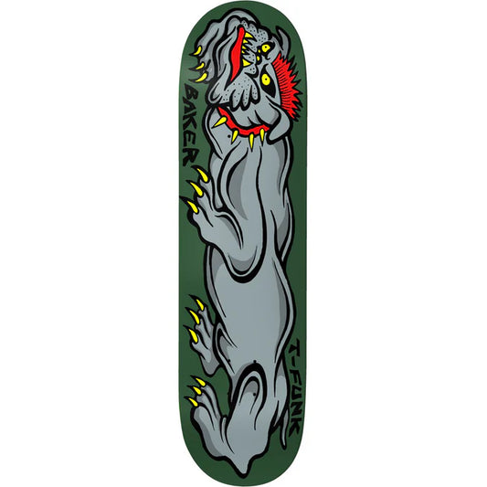 Skateboard deck with a graphic design of a creature on a green background
