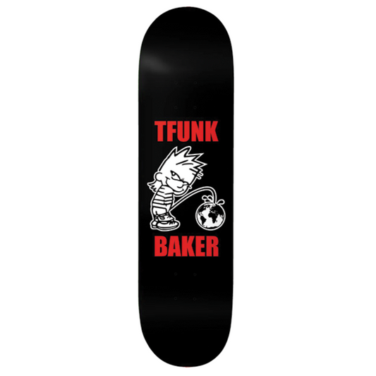 Black skateboard deck with red and white graphics and text on a white background