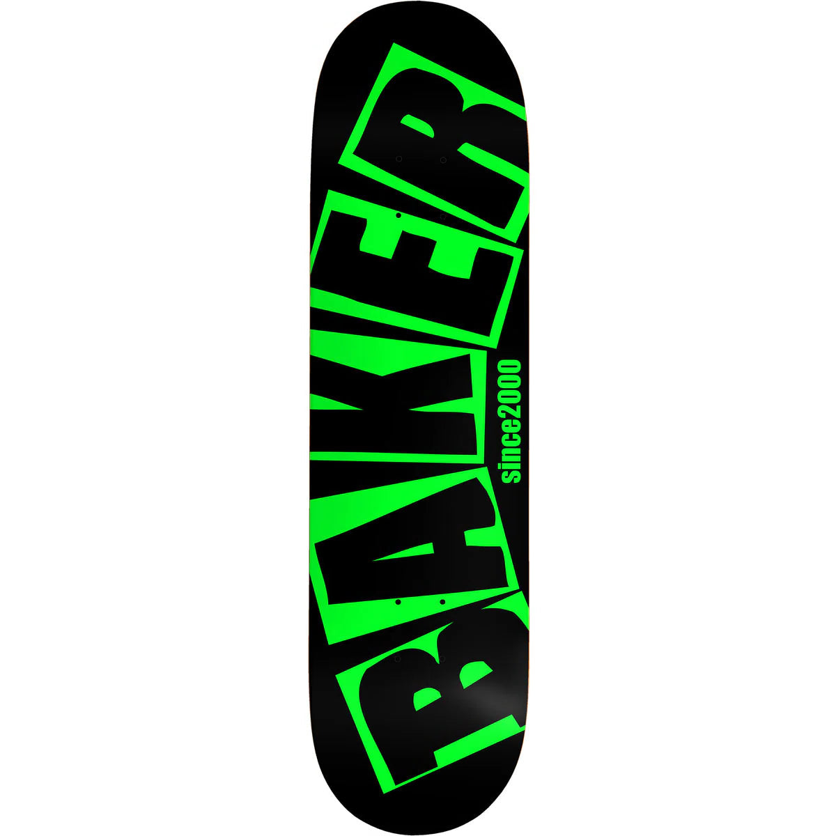 Skateboard deck with 'BAKER' logo in green and black on a white background