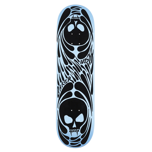 Skateboard deck with black skull design on a white background