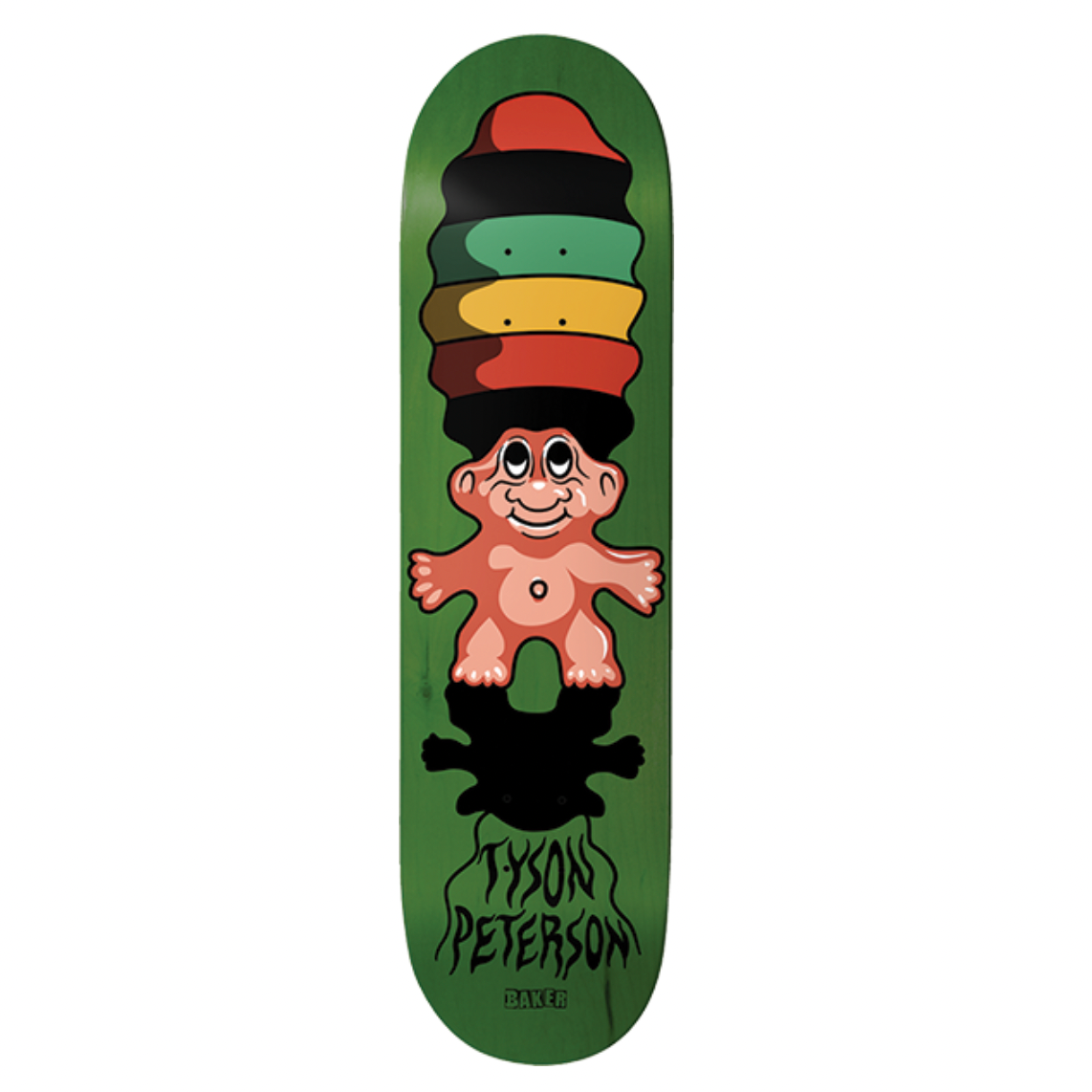 Skateboard deck with colorful design and text on a white background