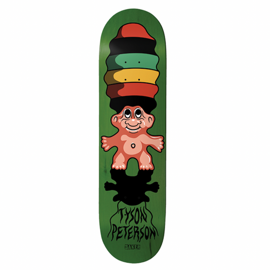 Skateboard deck with colorful design and text on a white background