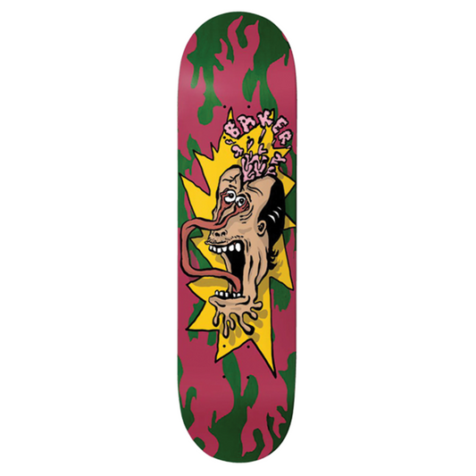 Skateboard deck with a colorful graphic design on a white background