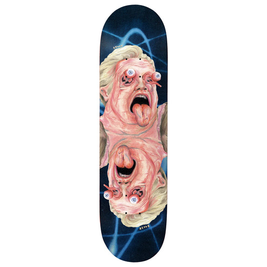 Skateboard deck with a surreal design of a face with multiple eyes and tongues on a dark background.