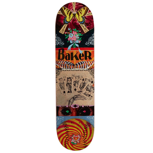 A skateboard deck featuring a highly detailed, colorful collage design with butterflies, a bouquet, the word 'Baker' in black, playing card illustrations, and a red-and-yellow spiral pattern on a white background.