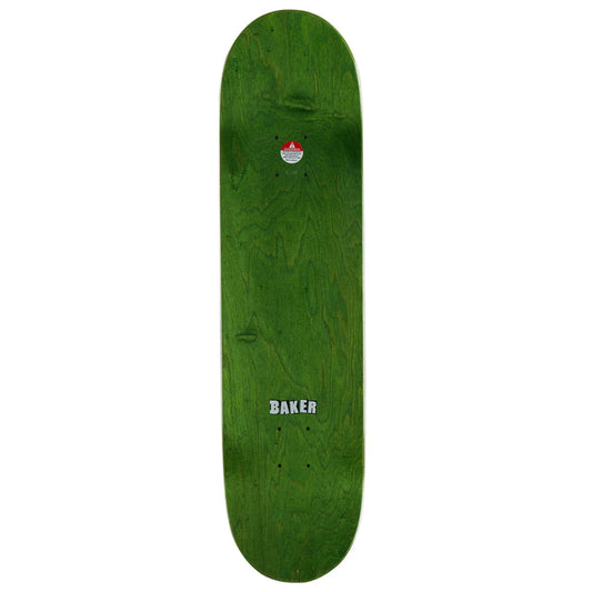 A green wooden skateboard deck with visible wood grain, featuring a small red and white maple leaf logo near the top and the brand name 'BAKER' printed in white near the bottom, shown against a plain white background.