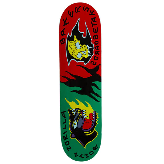 A skateboard deck shown vertically against a plain white background. The deck features a bold graphic design split into red on top and green on the bottom, with black flame-like shapes across the center.
